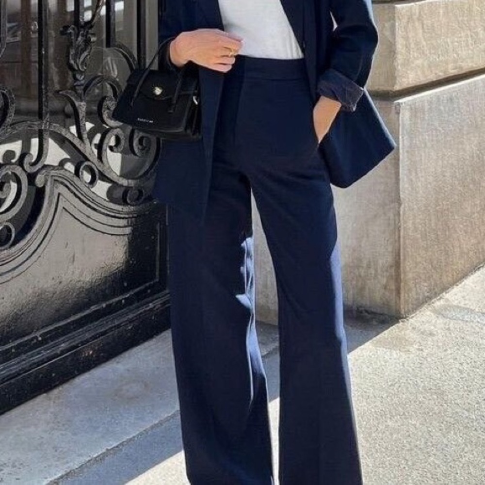 Navy Premium Wool Wide Leg Trousers